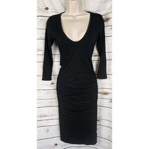 Standard James Perse Black Ruched Bodycon Dress 1 Small Scoop Neck 3/4 Sleeves